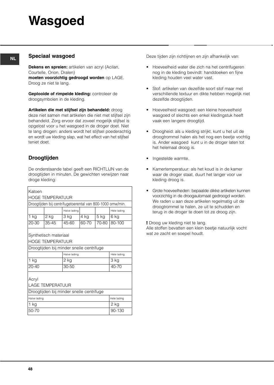 Wasgoed, Speciaal wasgoed, Droogtijden | Ariston ASL60V User Manual | Page 48 / 80