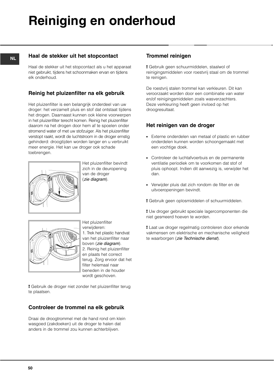 Reiniging en onderhoud | Ariston ASL60V User Manual | Page 50 / 80