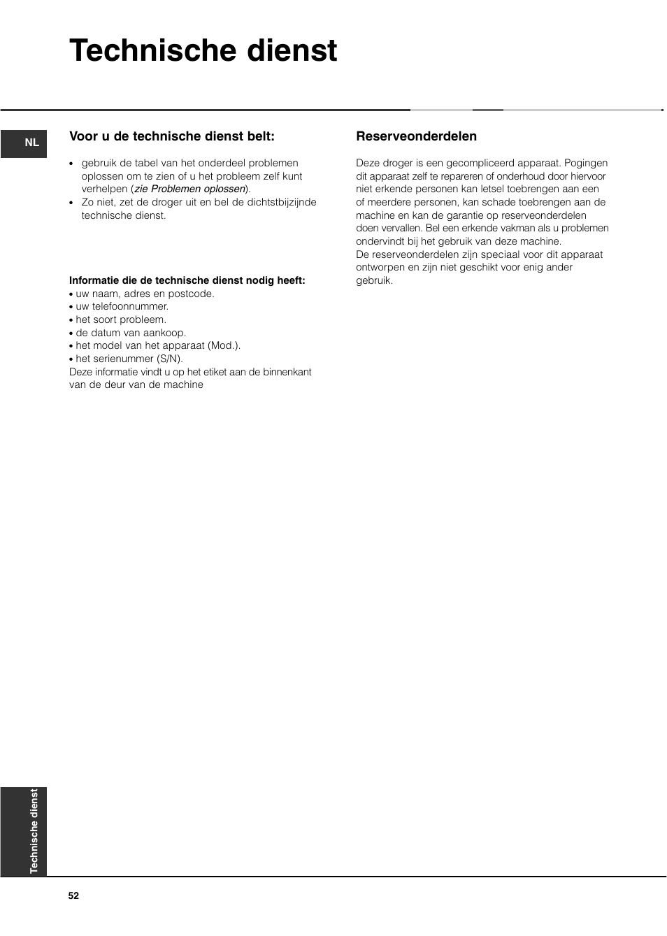 Technische dienst, Reserveonderdelen, Voor u de technische dienst belt | Ariston ASL60V User Manual | Page 52 / 80