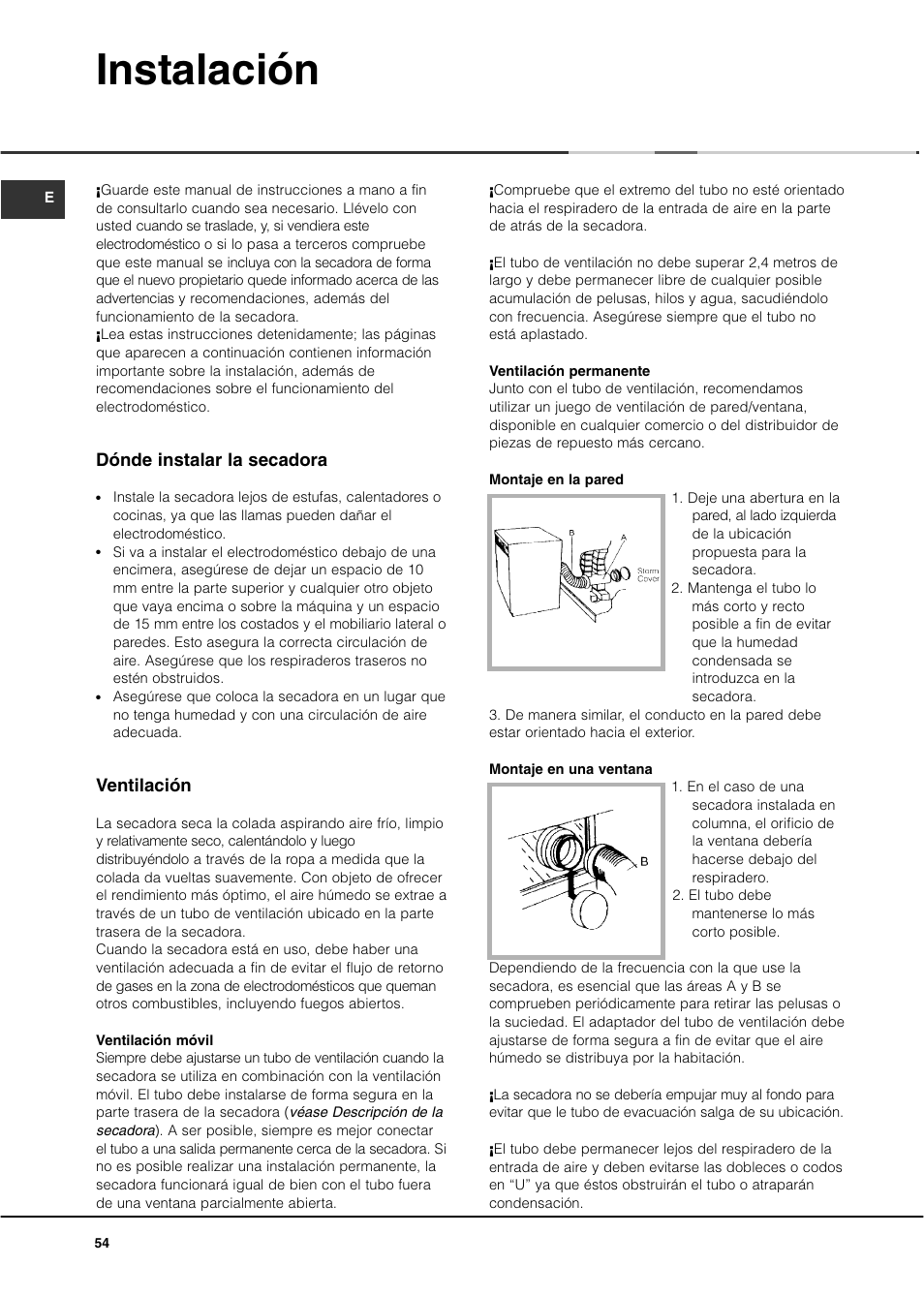 Instalación, Dónde instalar la secadora, Ventilación | Ariston ASL60V User Manual | Page 54 / 80