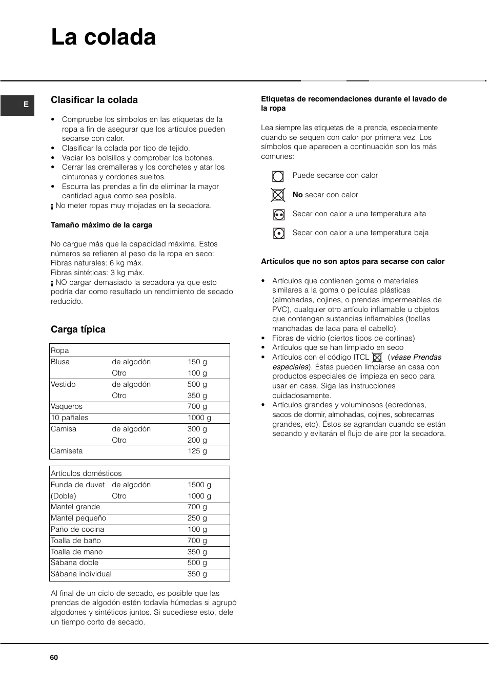La colada, Clasificar la colada, Carga típica | Ariston ASL60V User Manual | Page 60 / 80