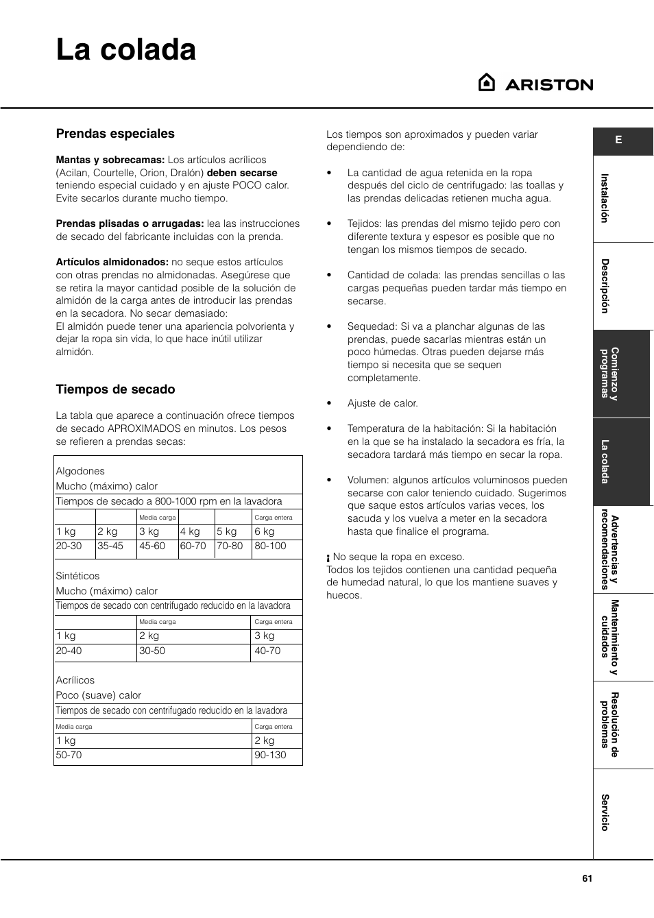 La colada, Prendas especiales, Tiempos de secado | Ariston ASL60V User Manual | Page 61 / 80
