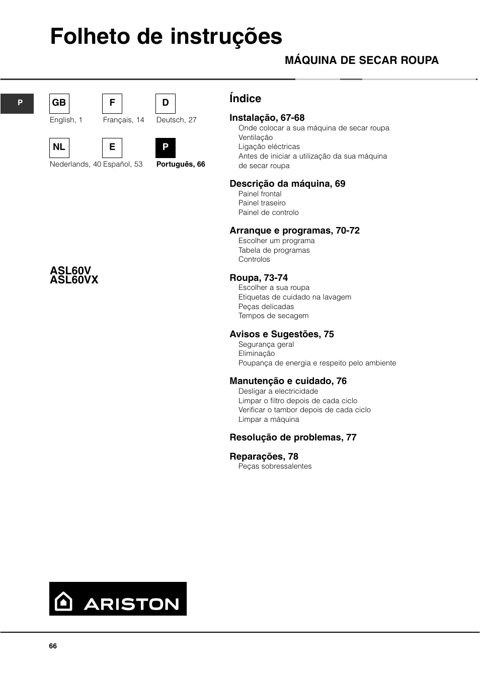 Folheto de instruções, Índice máquina de secar roupa asl60v asl60vx | Ariston ASL60V User Manual | Page 66 / 80
