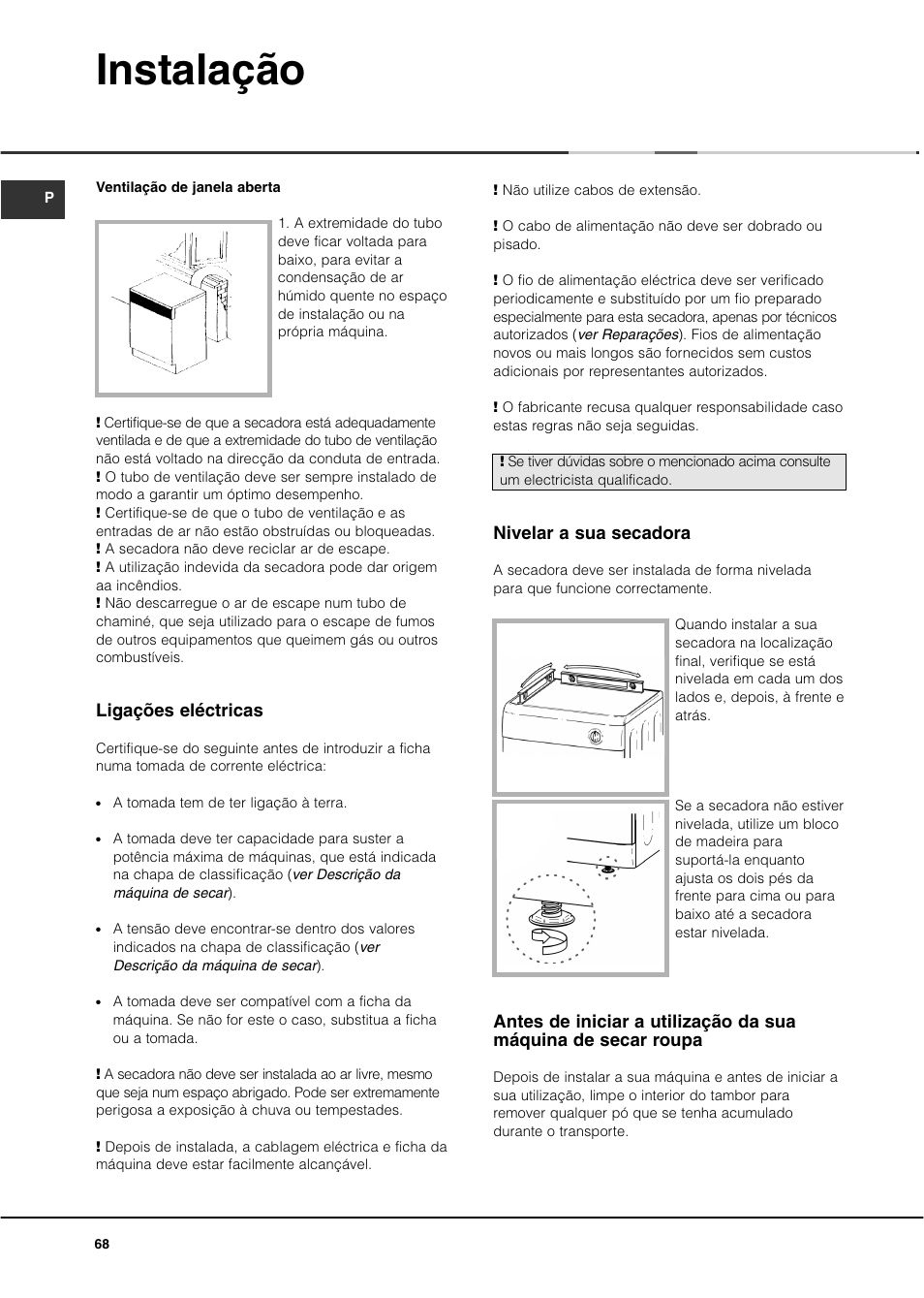 Instalação, Ligações eléctricas, Nivelar a sua secadora | Ariston ASL60V User Manual | Page 68 / 80