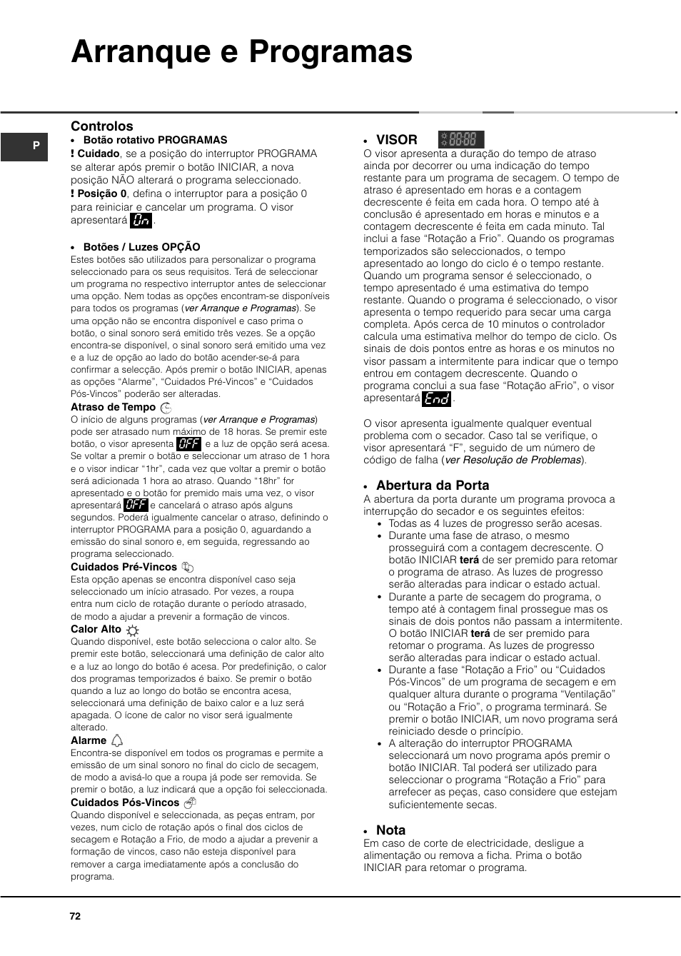 Arranque e programas, Visor, Abertura da porta | Nota, Controlos | Ariston ASL60V User Manual | Page 72 / 80