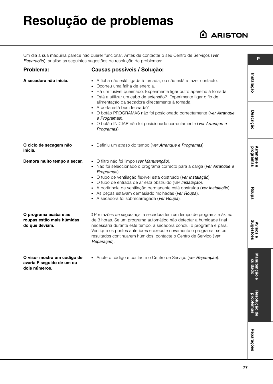 Resolução de problemas, Problema, Causas possíveis / solução | Ariston ASL60V User Manual | Page 77 / 80
