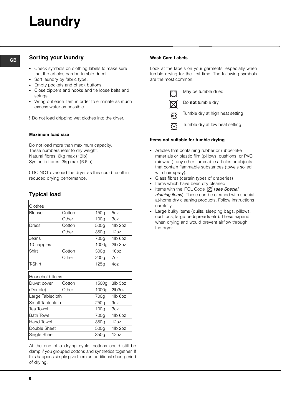 Laundry, Sorting your laundry, Typical load | Ariston ASL60V User Manual | Page 8 / 80