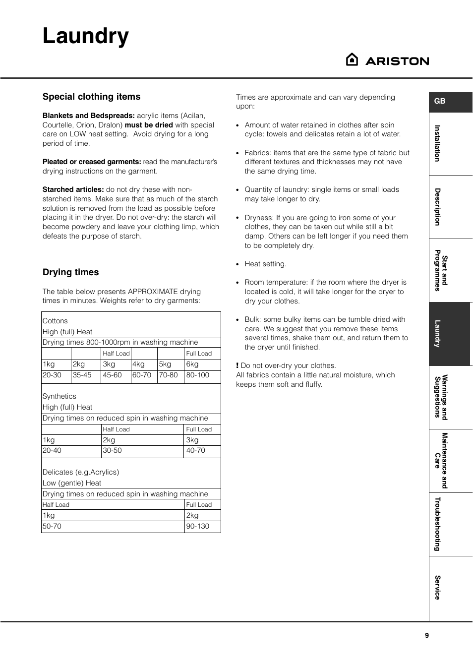Laundry, Special clothing items, Drying times | Ariston ASL60V User Manual | Page 9 / 80