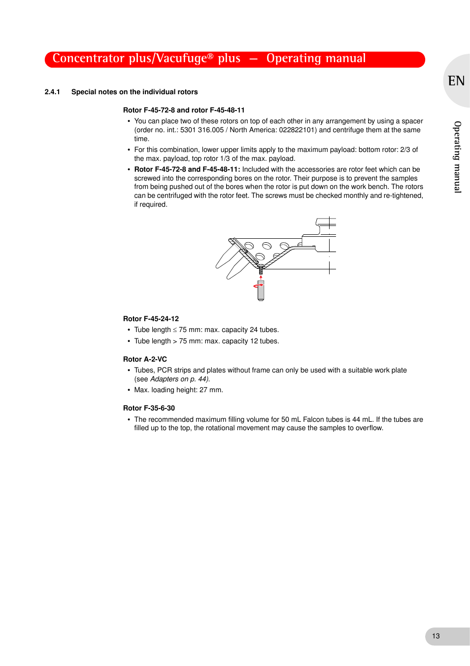 1 special notes on the individual rotors, Special notes on the individual rotors, Operating manual | Eppendorf Concentrator plus (New Design) User Manual | Page 13 / 48