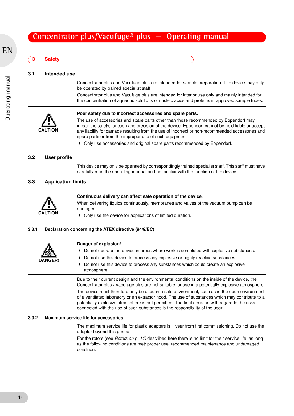 3 safety, 1 intended use, 2 user profile | 3 application limits, 2 maximum service life for accessories, Safety 3.1, Intended use, User profile, Application limits 3.3.1, Maximum service life for accessories | Eppendorf Concentrator plus (New Design) User Manual | Page 14 / 48