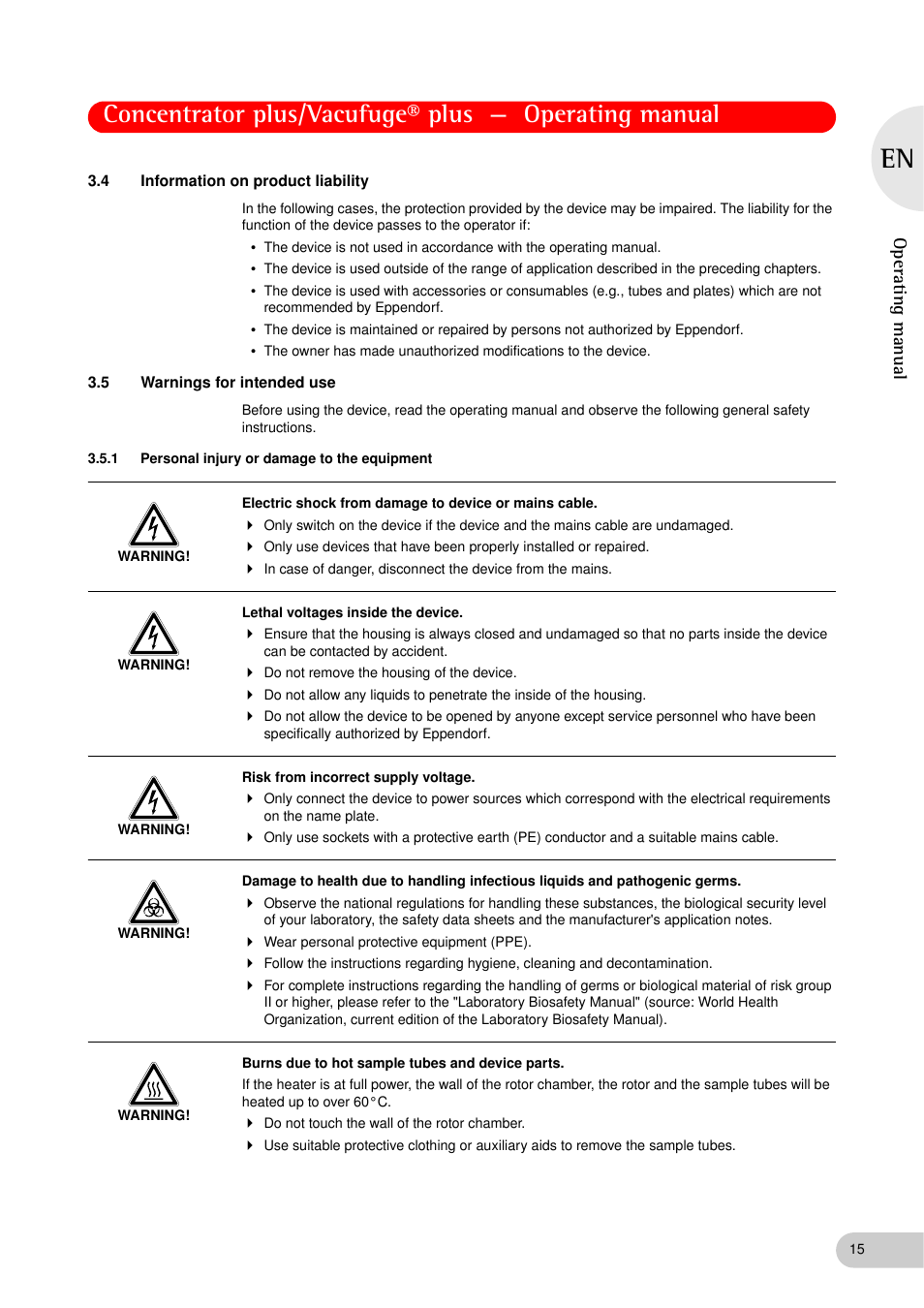 4 information on product liability, 5 warnings for intended use, 1 personal injury or damage to the equipment | Information on product liability, Warnings for intended use 3.5.1, Personal injury or damage to the equipment, Operating manual | Eppendorf Concentrator plus (New Design) User Manual | Page 15 / 48