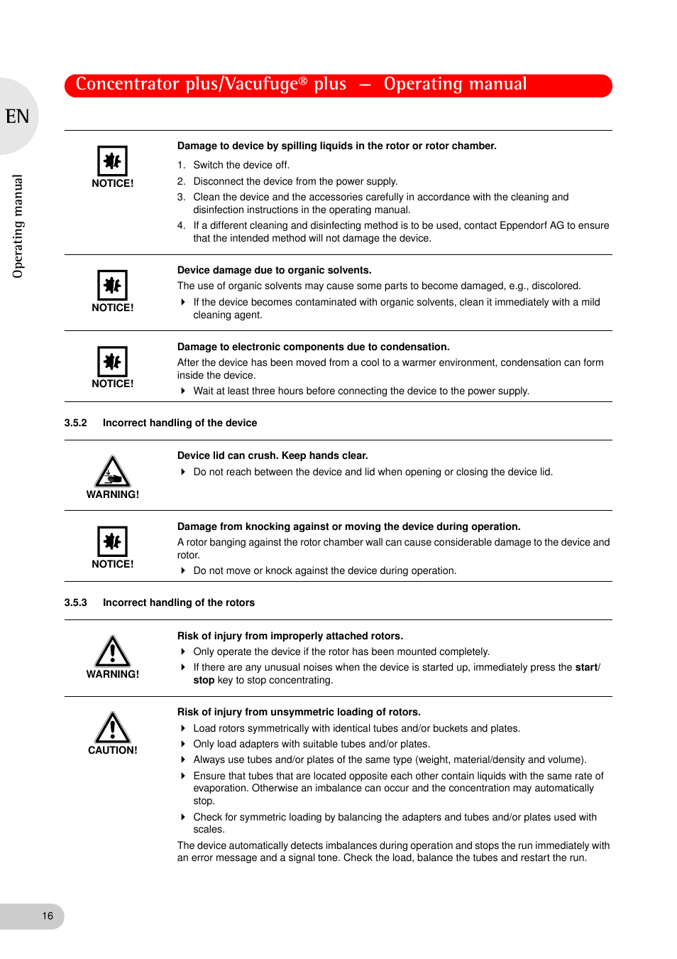 2 incorrect handling of the device, 3 incorrect handling of the rotors, Incorrect handling of the device | Incorrect handling of the rotors, Oper at ing man u al | Eppendorf Concentrator plus (New Design) User Manual | Page 16 / 48