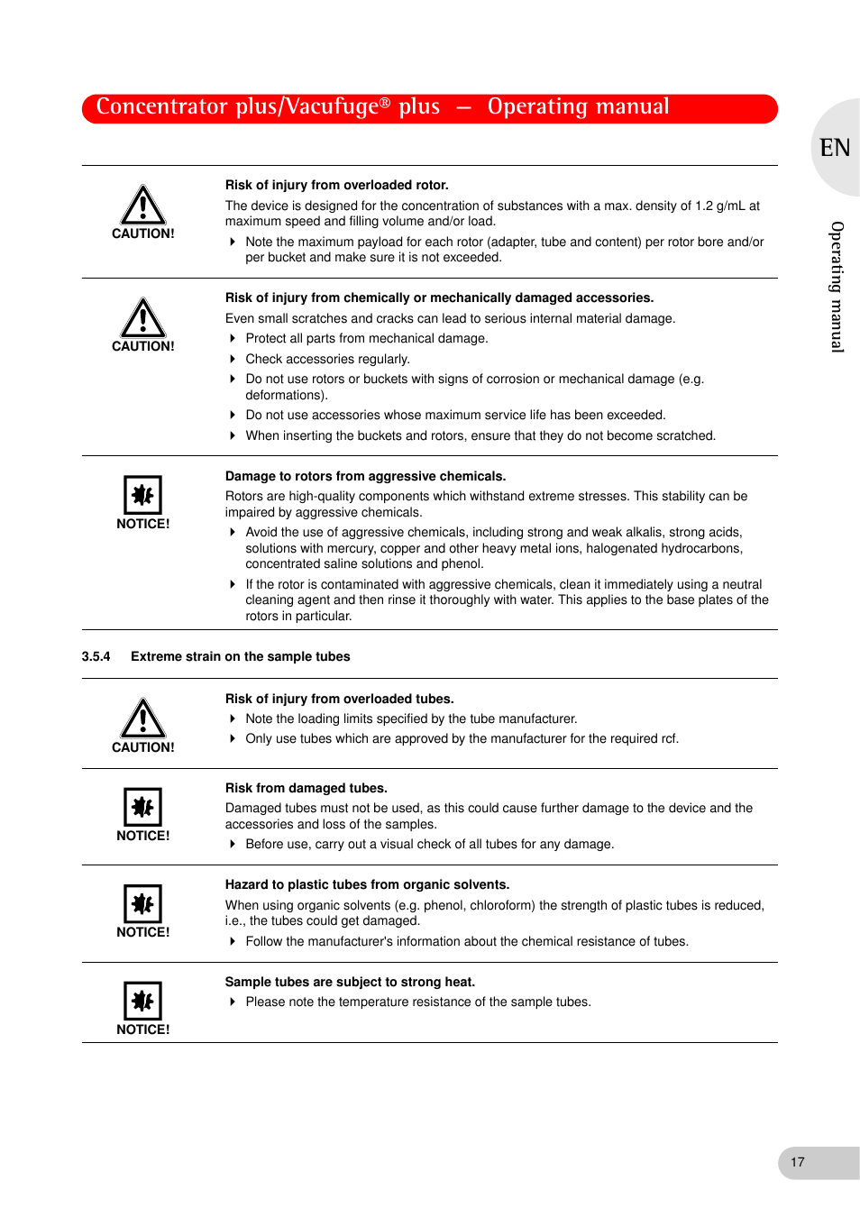 4 extreme strain on the sample tubes, Extreme strain on the sample tubes, Operating manual | Eppendorf Concentrator plus (New Design) User Manual | Page 17 / 48