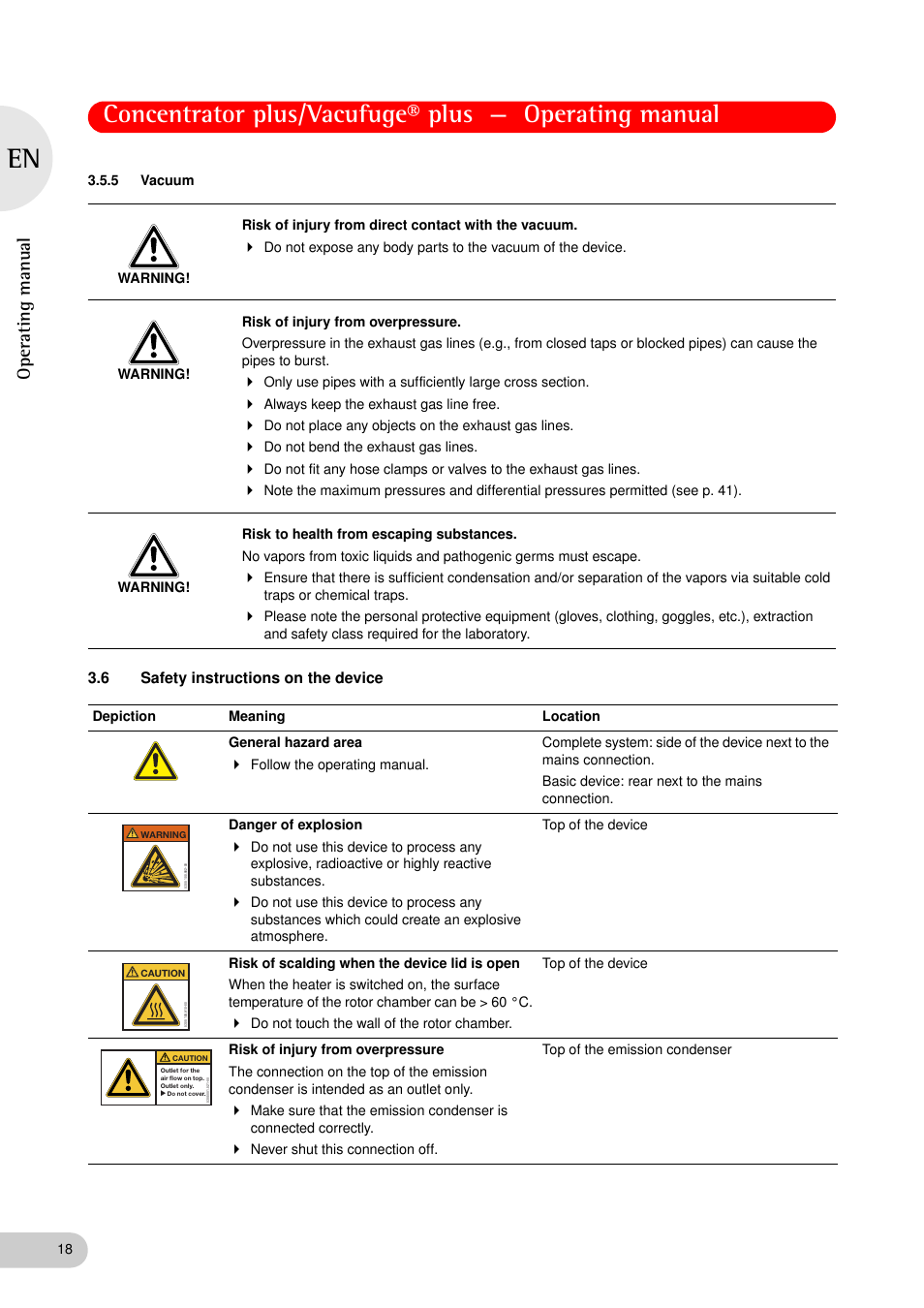 5 vacuum, 6 safety instructions on the device, Vacuum | Safety instructions on the device, Oper at ing man u al | Eppendorf Concentrator plus (New Design) User Manual | Page 18 / 48