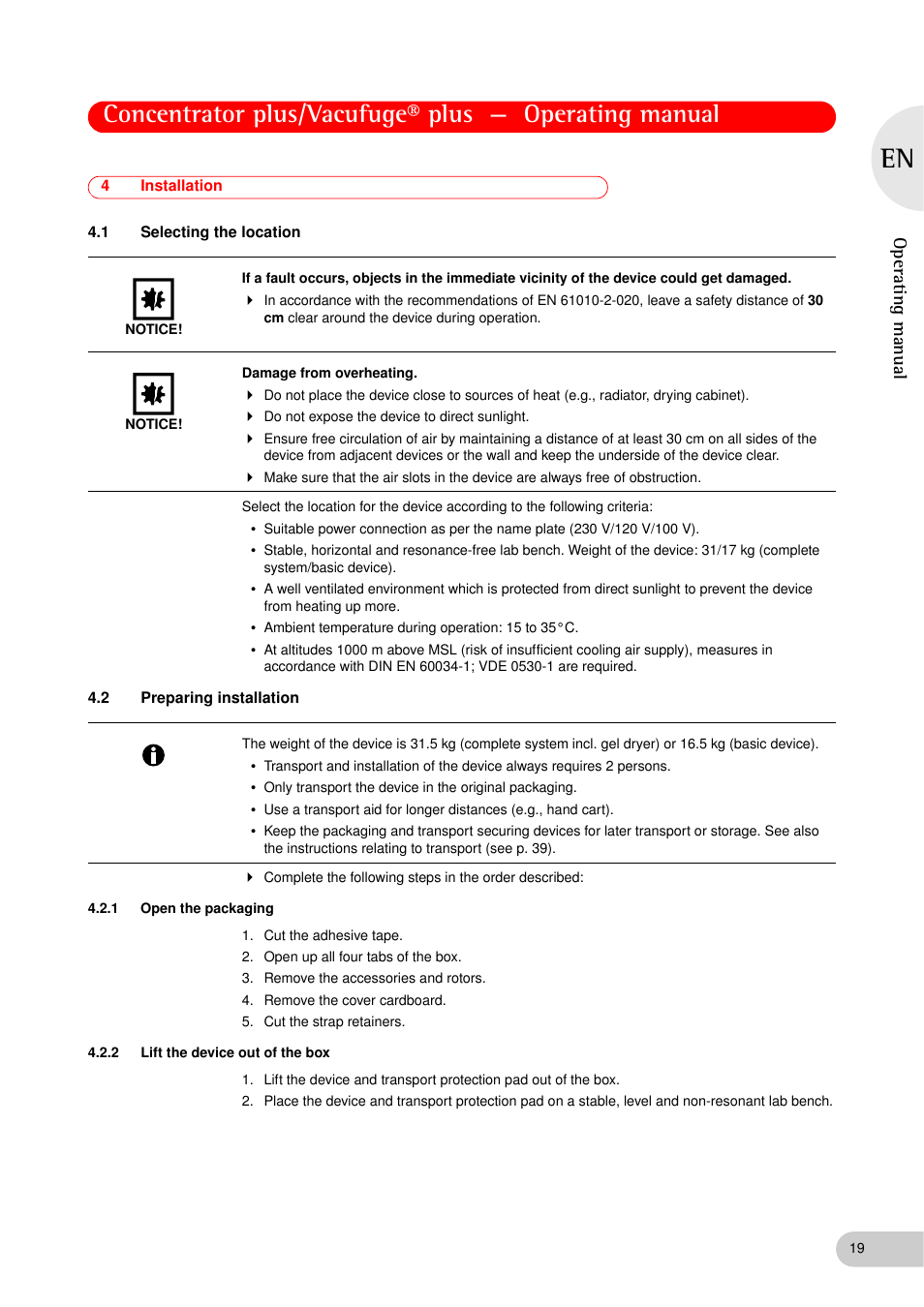 4 installation, 1 selecting the location, 2 preparing installation | 1 open the packaging, 2 lift the device out of the box, Installation 4.1, Selecting the location, Preparing installation 4.2.1, Open the packaging, Lift the device out of the box | Eppendorf Concentrator plus (New Design) User Manual | Page 19 / 48