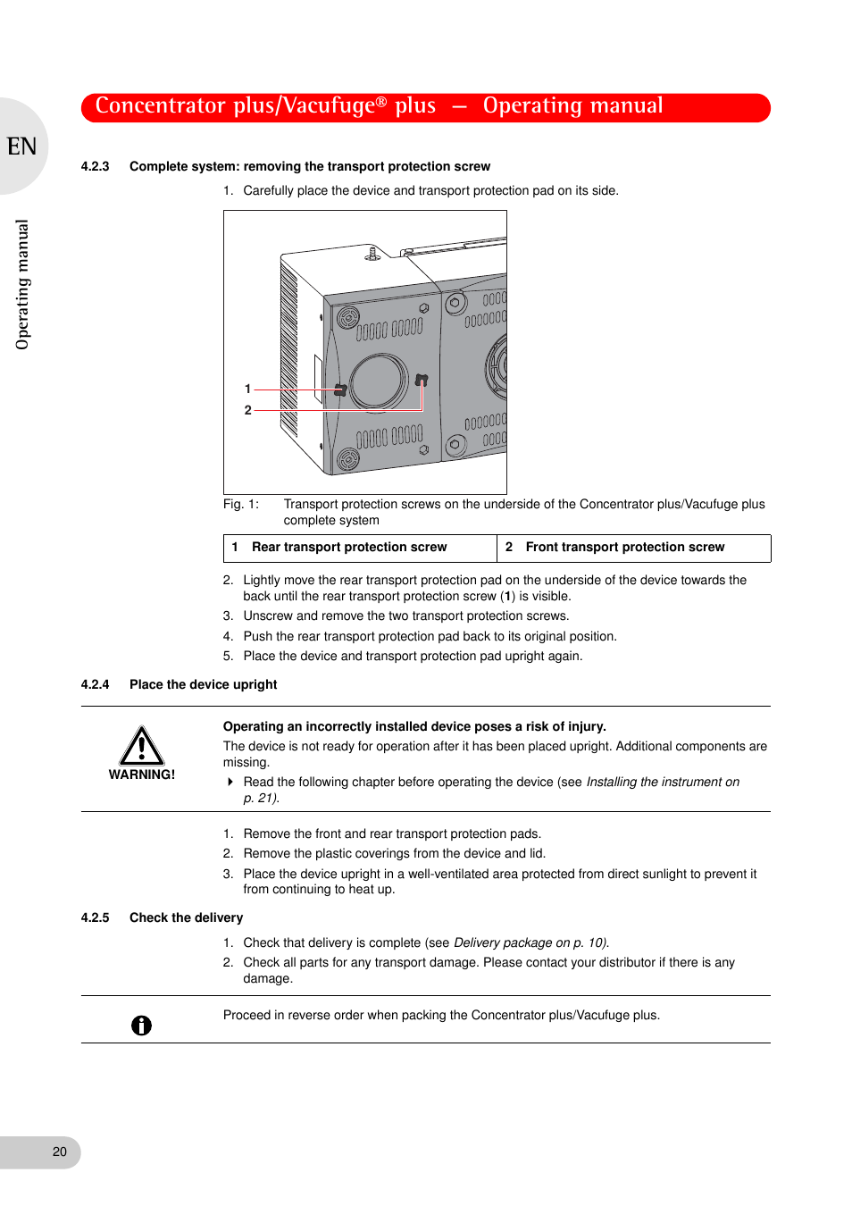 4 place the device upright, 5 check the delivery, Place the device upright | Check the delivery, Oper at ing man u al | Eppendorf Concentrator plus (New Design) User Manual | Page 20 / 48