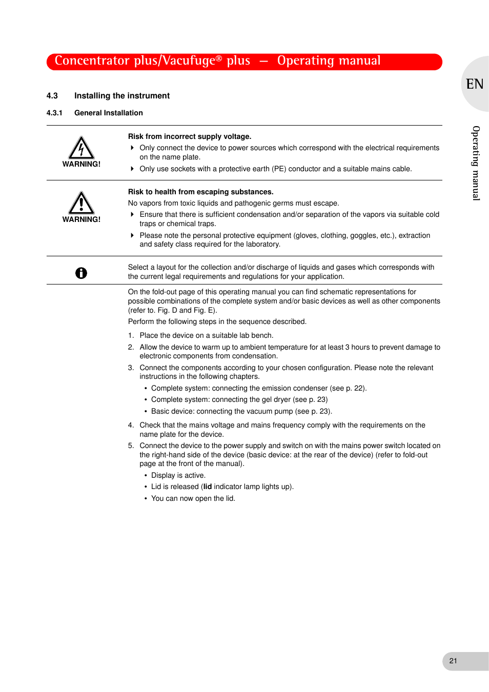 3 installing the instrument, 1 general installation, Installing the instrument 4.3.1 | General installation, Operating manual | Eppendorf Concentrator plus (New Design) User Manual | Page 21 / 48