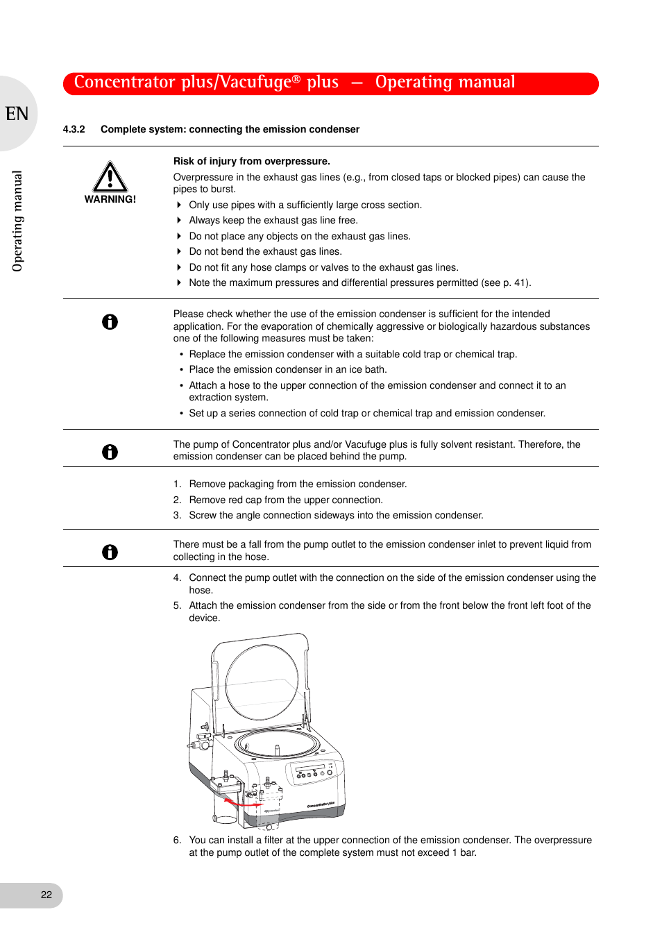 Complete system: connecting the emission condenser, Oper at ing man u al | Eppendorf Concentrator plus (New Design) User Manual | Page 22 / 48