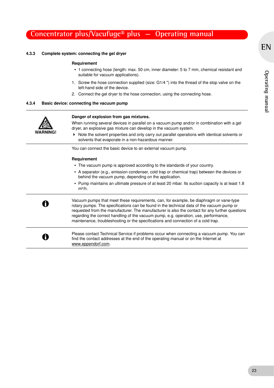 3 complete system: connecting the gel dryer, 4 basic device: connecting the vacuum pump, Complete system: connecting the gel dryer | Basic device: connecting the vacuum pump, Operating manual | Eppendorf Concentrator plus (New Design) User Manual | Page 23 / 48