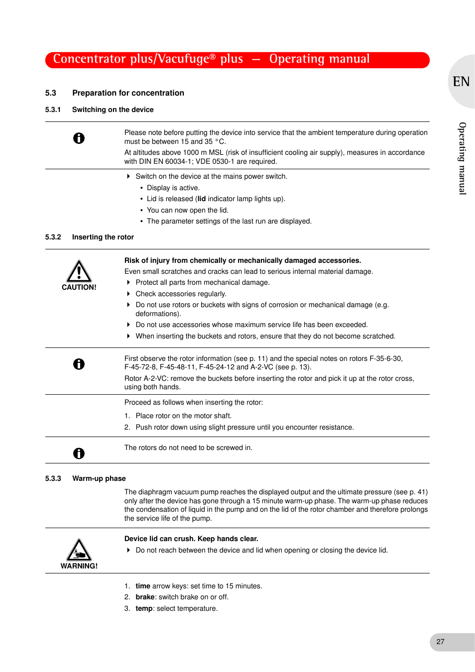 3 preparation for concentration, 1 switching on the device, 2 inserting the rotor | 3 warm-up phase, Preparation for concentration 5.3.1, Switching on the device, Inserting the rotor, Warm-up phase, Operating manual | Eppendorf Concentrator plus (New Design) User Manual | Page 27 / 48