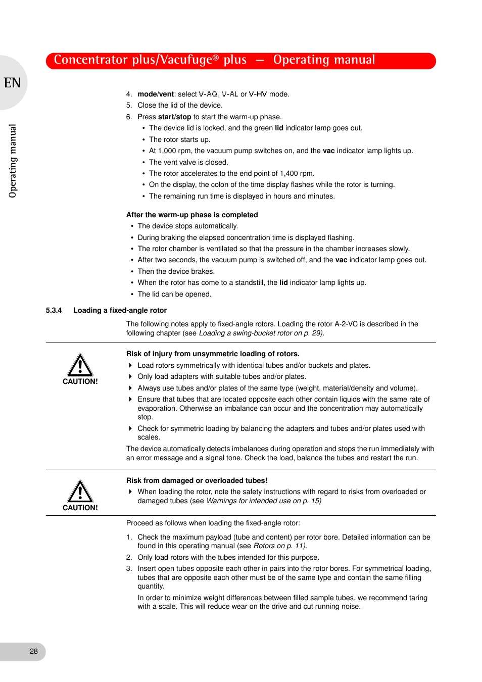 4 loading a fixed-angle rotor, Loading a fixed-angle rotor, Oper at ing man u al | Eppendorf Concentrator plus (New Design) User Manual | Page 28 / 48