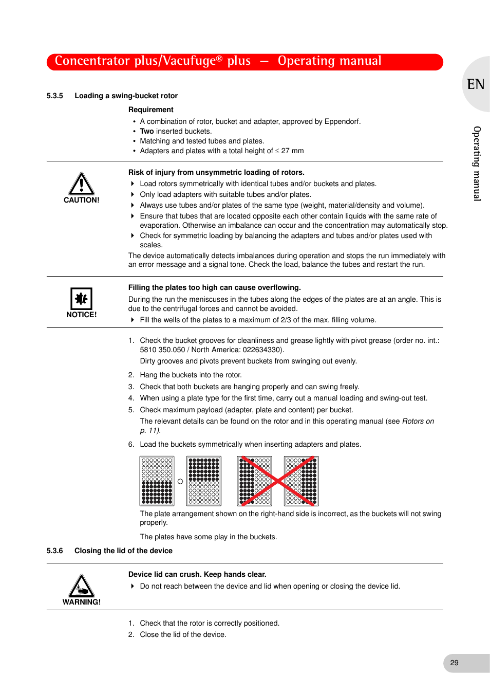 5 loading a swing-bucket rotor, 6 closing the lid of the device, Loading a swing-bucket rotor | Closing the lid of the device, Operating manual | Eppendorf Concentrator plus (New Design) User Manual | Page 29 / 48