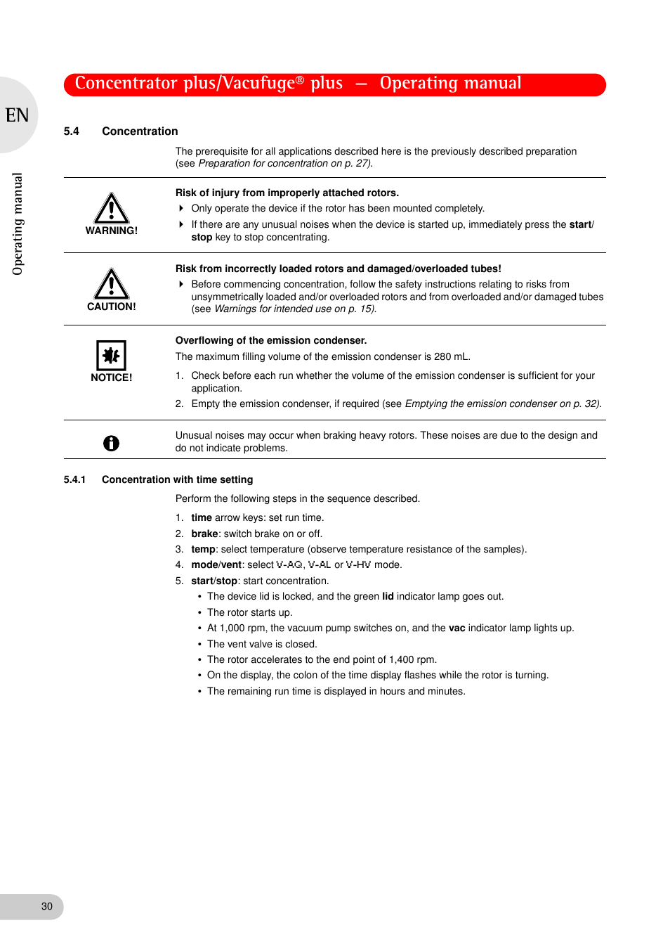 4 concentration, 1 concentration with time setting, Concentration 5.4.1 | Concentration with time setting, Oper at ing man u al | Eppendorf Concentrator plus (New Design) User Manual | Page 30 / 48