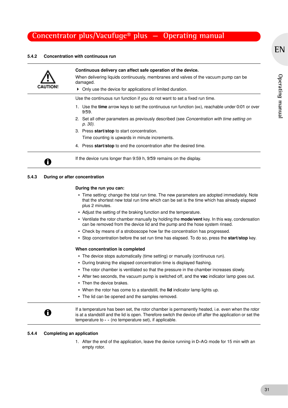 2 concentration with continuous run, 3 during or after concentration, 4 completing an application | Concentration with continuous run, During or after concentration, Completing an application, Operating manual | Eppendorf Concentrator plus (New Design) User Manual | Page 31 / 48