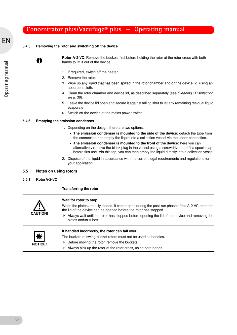 5 removing the rotor and switching off the device, 6 emptying the emission condenser, 5 notes on using rotors | 1 rotora-2-vc, Removing the rotor and switching off the device, Emptying the emission condenser, Notes on using rotors 5.5.1, Rotora-2-vc, Oper at ing man u al | Eppendorf Concentrator plus (New Design) User Manual | Page 32 / 48