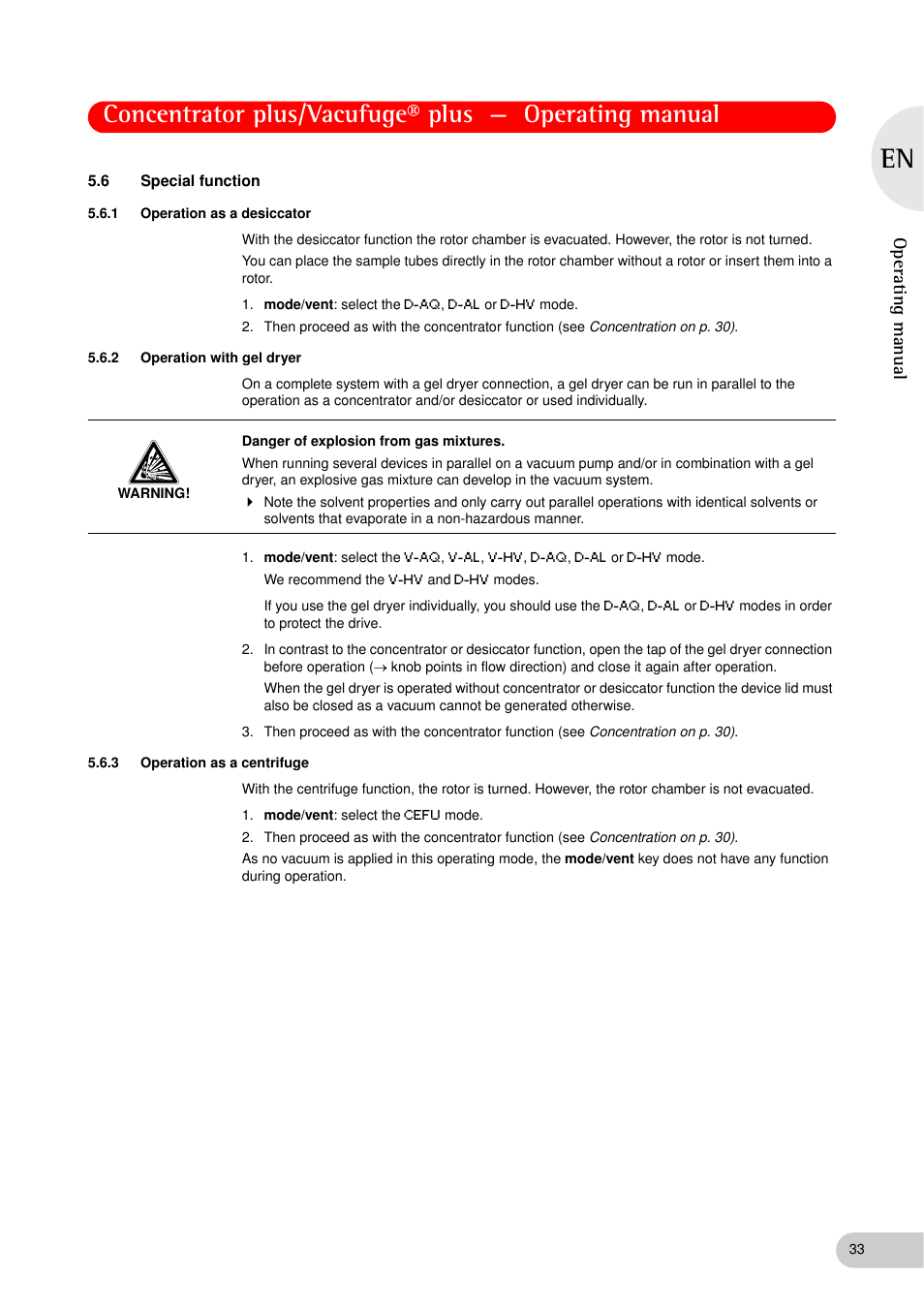 6 special function, 1 operation as a desiccator, 2 operation with gel dryer | 3 operation as a centrifuge, Special function 5.6.1, Operation as a desiccator, Operation with gel dryer, Operation as a centrifuge | Eppendorf Concentrator plus (New Design) User Manual | Page 33 / 48