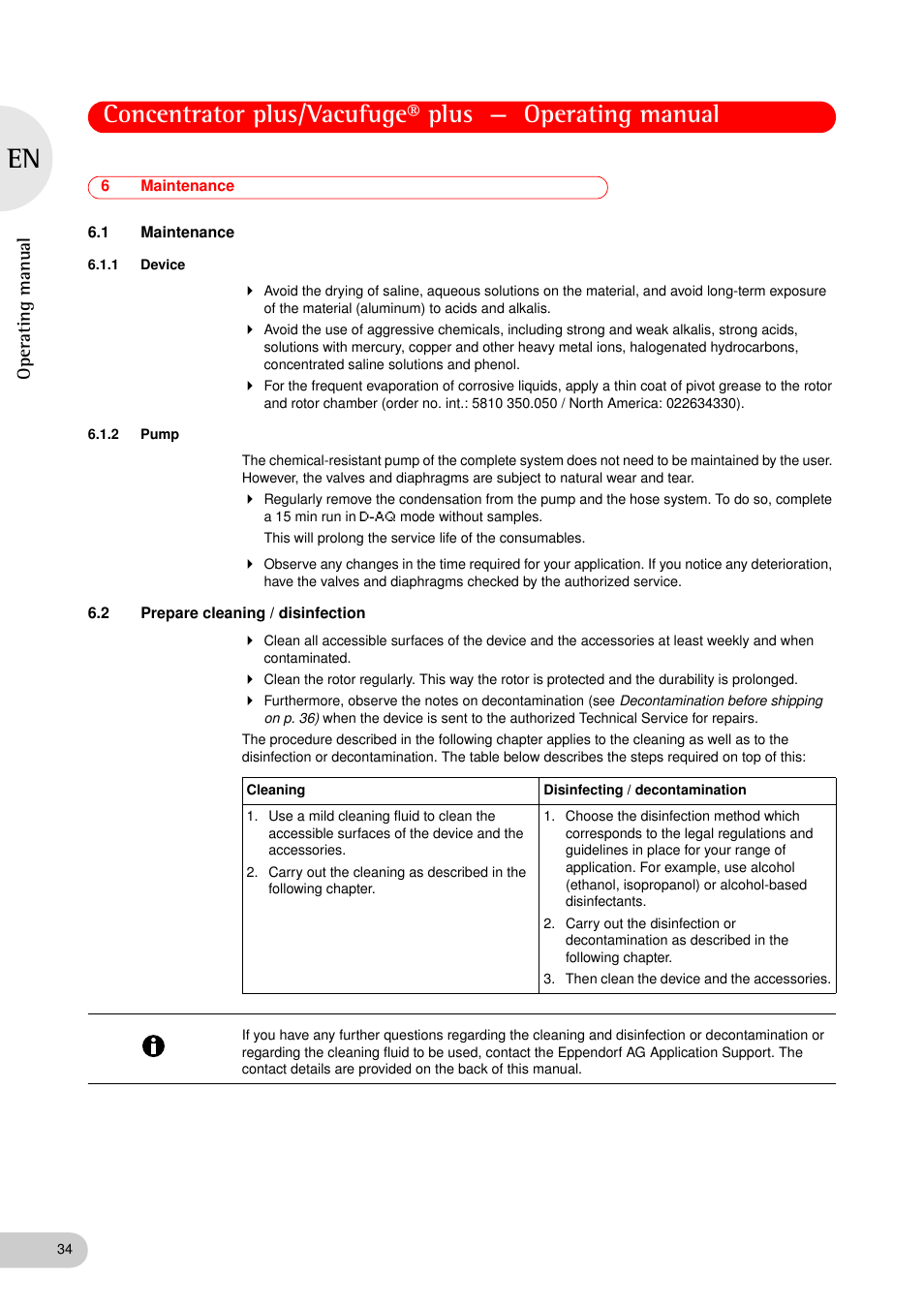 6 maintenance, 1 maintenance, 1 device | 2 pump, 2 prepare cleaning / disinfection, Maintenance 6.1, Maintenance 6.1.1, Device, Pump, Prepare cleaning / disinfection | Eppendorf Concentrator plus (New Design) User Manual | Page 34 / 48