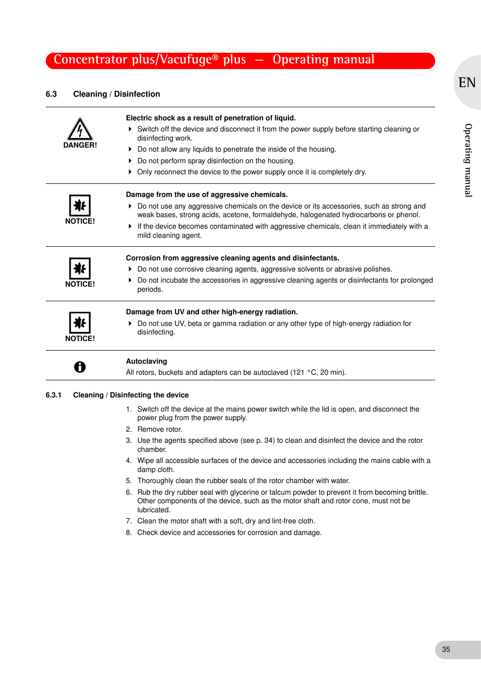 3 cleaning / disinfection, 1 cleaning / disinfecting the device, Cleaning / disinfection 6.3.1 | Cleaning / disinfecting the device, Operating manual | Eppendorf Concentrator plus (New Design) User Manual | Page 35 / 48