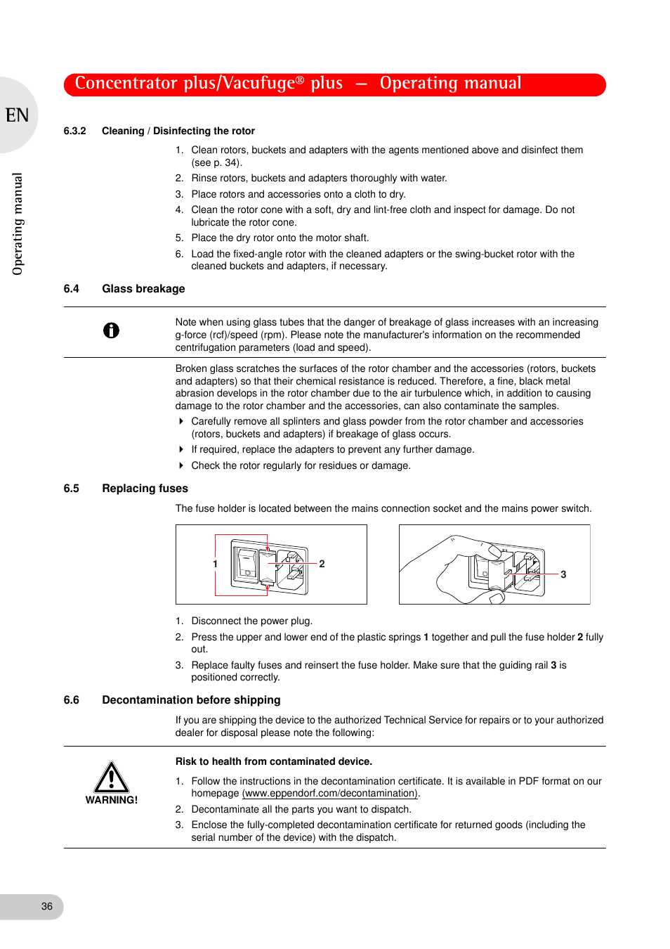 2 cleaning / disinfecting the rotor, 4 glass breakage, 5 replacing fuses | 6 decontamination before shipping, Cleaning / disinfecting the rotor, Glass breakage, Replacing fuses, Decontamination before shipping, Oper at ing man u al | Eppendorf Concentrator plus (New Design) User Manual | Page 36 / 48