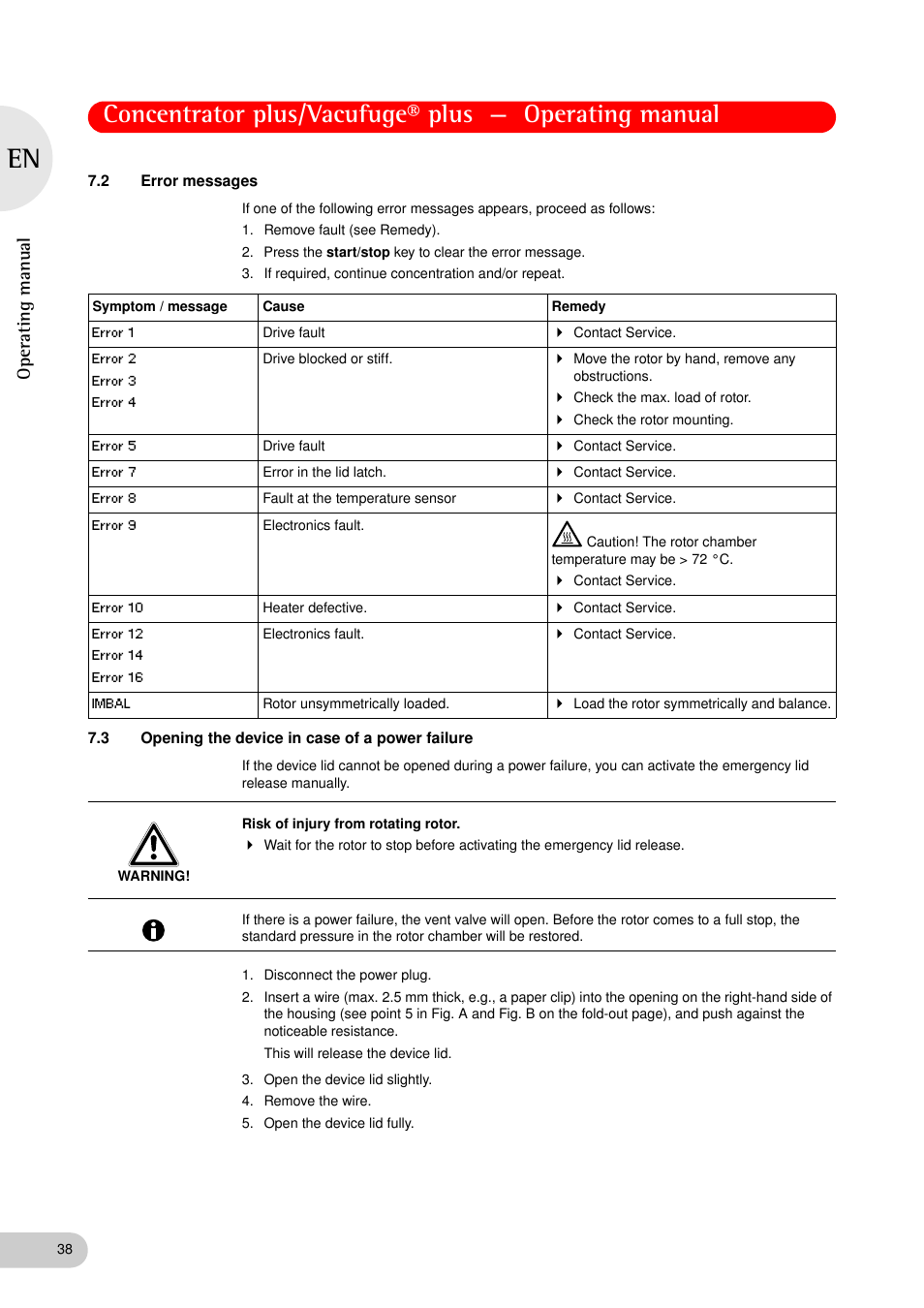 2 error messages, 3 opening the device in case of a power failure, Error messages | Opening the device in case of a power failure, See p. 38), Oper at ing man u al | Eppendorf Concentrator plus (New Design) User Manual | Page 38 / 48