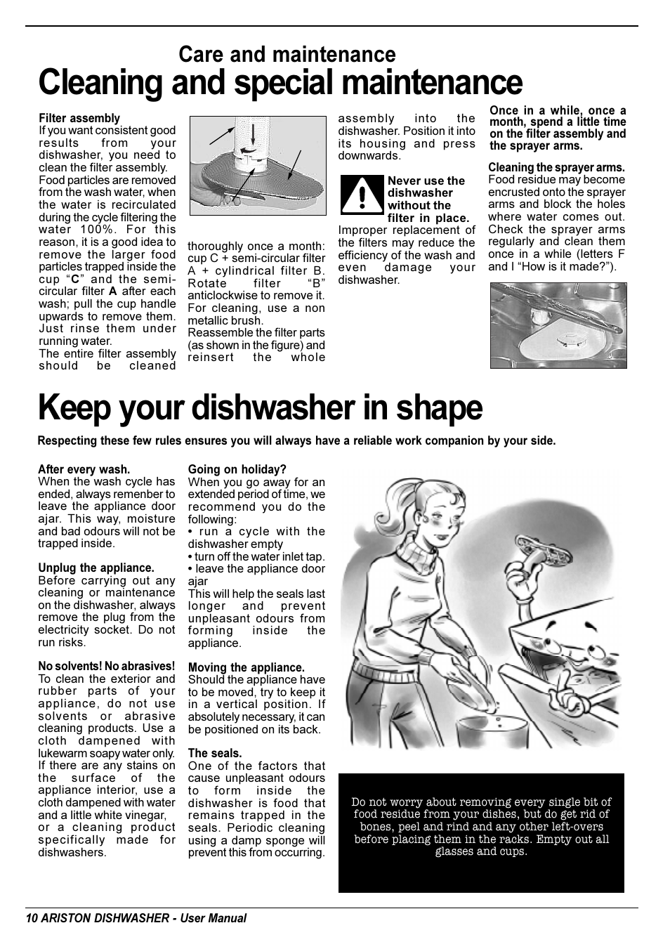 Keep your dishwasher in shape, Cleaning and special maintenance, Care and maintenance | Ariston L 63 B-S-W User Manual | Page 11 / 31