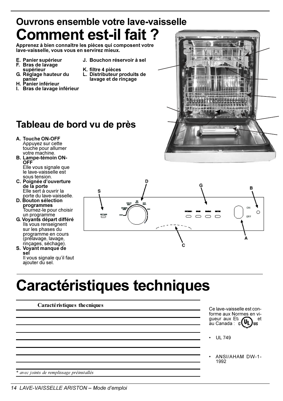 Caractéristiques techniques, Comment est-il fait, Tableau de bord vu de près | Ouvrons ensemble votre lave-vaisselle | Ariston L 63 B-S-W User Manual | Page 14 / 31