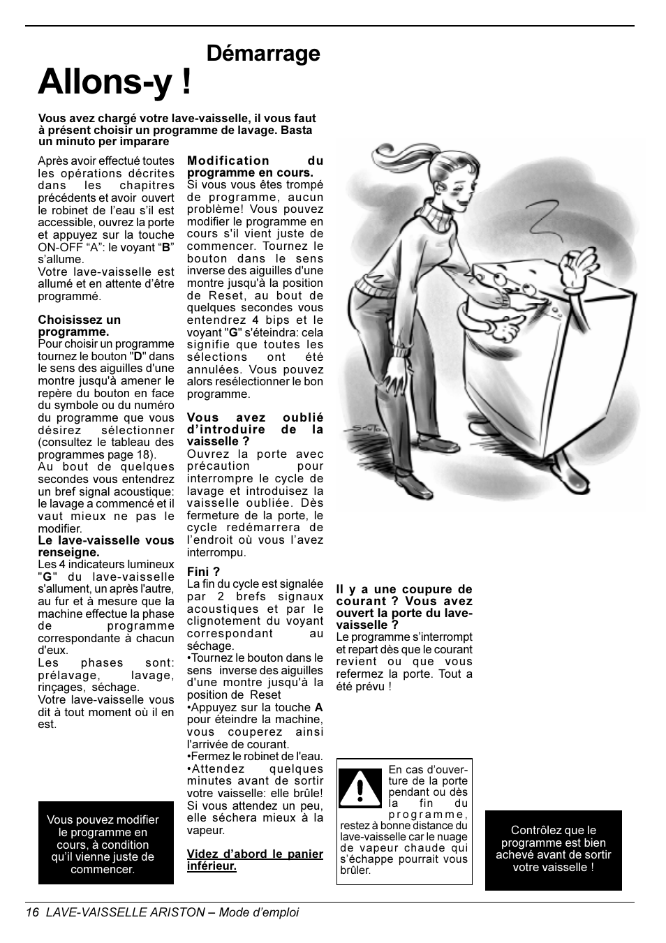 Allons-y, Démarrage | Ariston L 63 B-S-W User Manual | Page 16 / 31