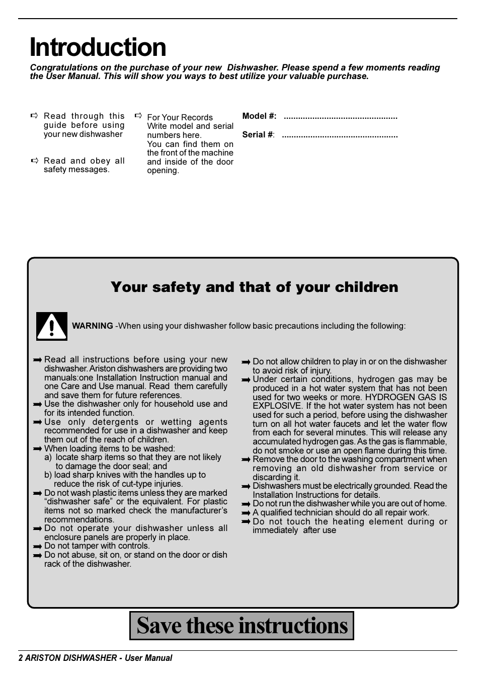 Important safety instructions, Introduction, Save these instructions | Your safety and that of your children | Ariston L 63 B-S-W User Manual | Page 3 / 31