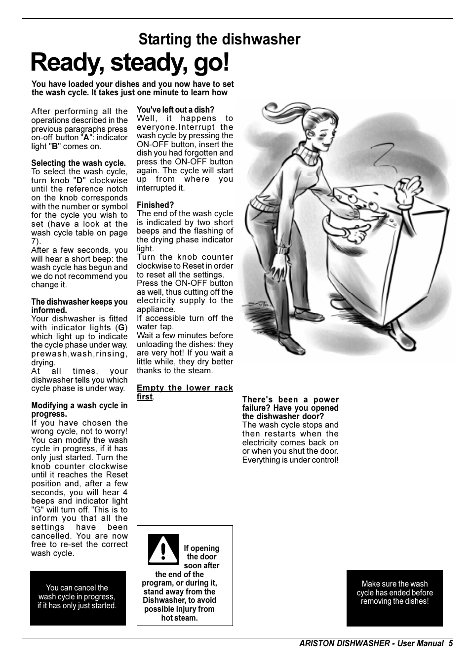 Ready, steady, go, Starting the dishwasher | Ariston L 63 B-S-W User Manual | Page 6 / 31