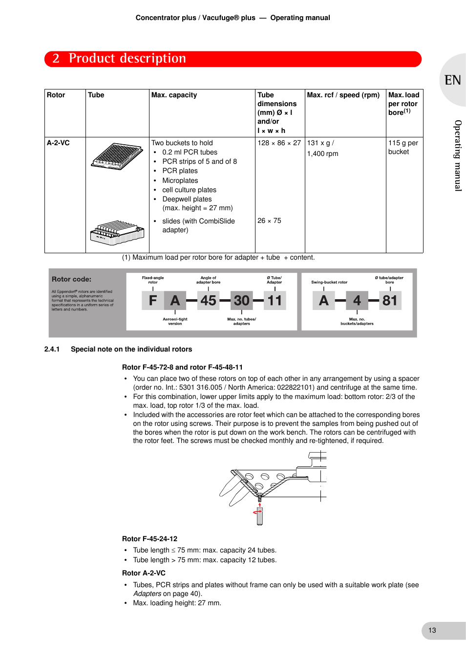 1 special note on the individual rotors, Special note on the individual rotors, 2 product description | Operat ing manual | Eppendorf Concentrator plus User Manual | Page 11 / 43