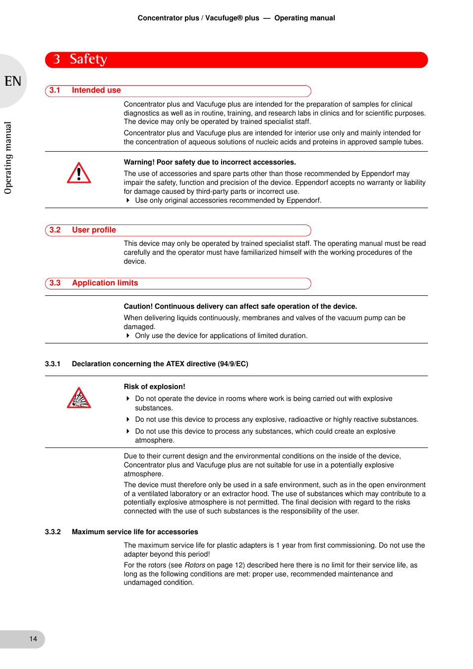 Safety, 1 intended use, 2 user profile | 3 application limits, 2 maximum service life for accessories, Safety 3.1, Intended use, User profile, Application limits 3.3.1, Maximum service life for accessories | Eppendorf Concentrator plus User Manual | Page 12 / 43