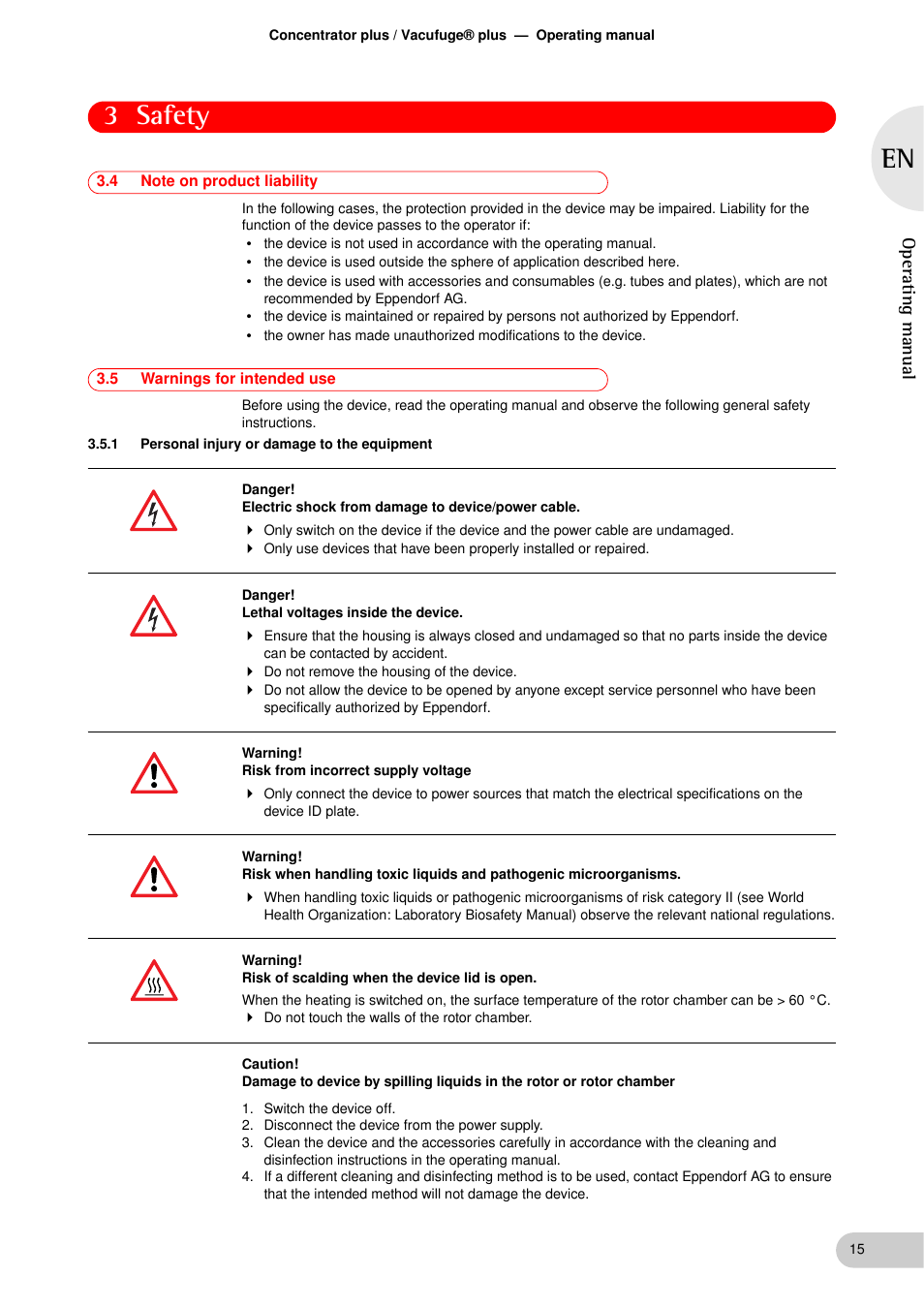 4 note on product liability, 5 warnings for intended use, 1 personal injury or damage to the equipment | Note on product liability, Warnings for intended use 3.5.1, Personal injury or damage to the equipment, 3 safety, Operat ing manual | Eppendorf Concentrator plus User Manual | Page 13 / 43