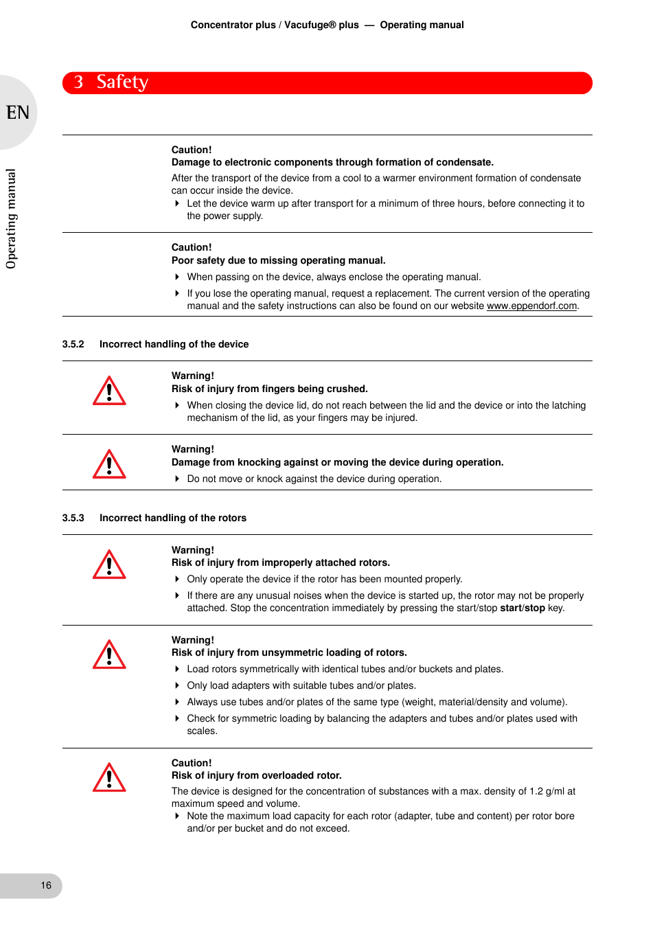 2 incorrect handling of the device, 3 incorrect handling of the rotors, Incorrect handling of the device | Incorrect handling of the rotors, 3 safety, Oper at ing man ual | Eppendorf Concentrator plus User Manual | Page 14 / 43