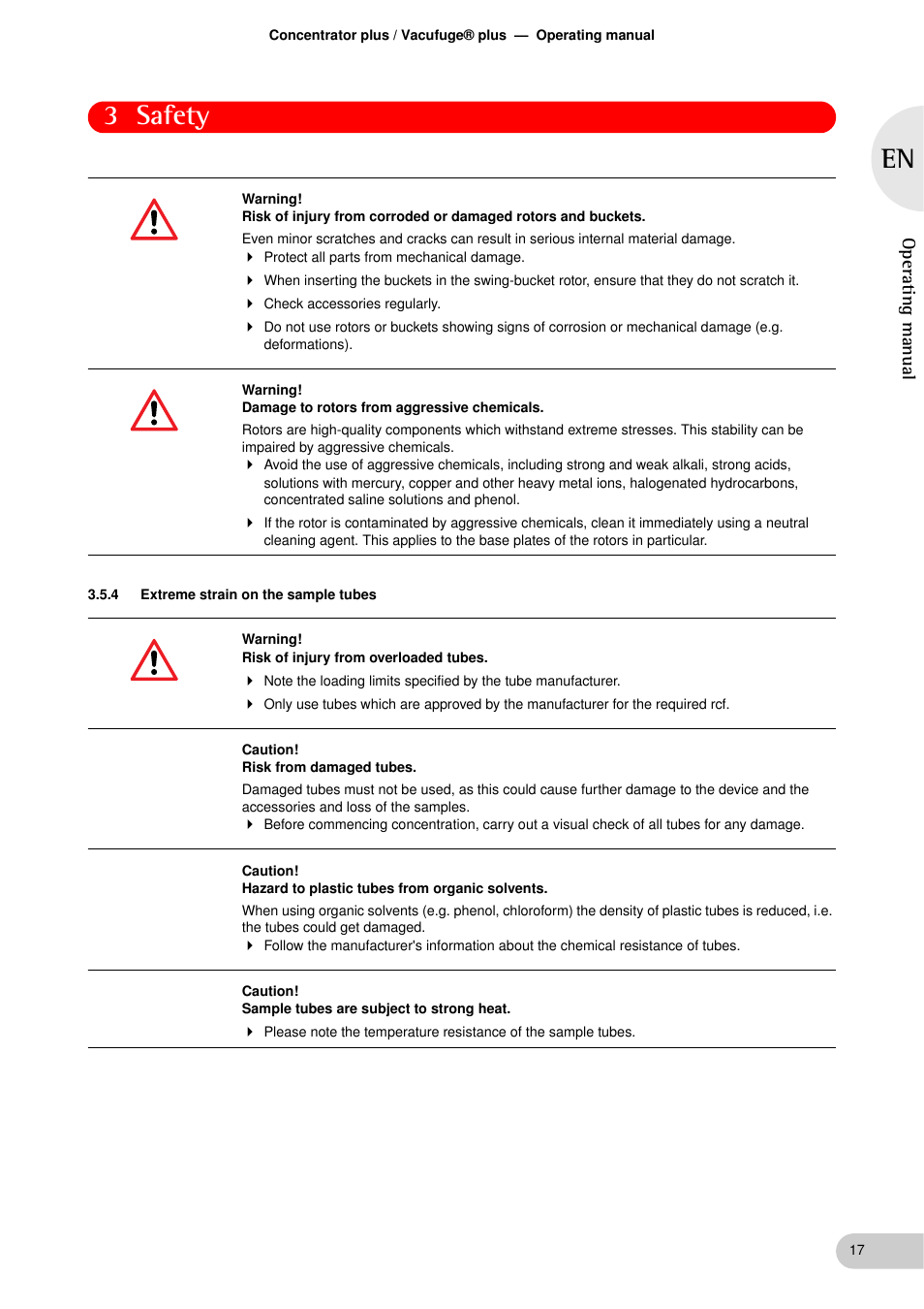 4 extreme strain on the sample tubes, Extreme strain on the sample tubes, 3 safety | Operat ing manual | Eppendorf Concentrator plus User Manual | Page 15 / 43