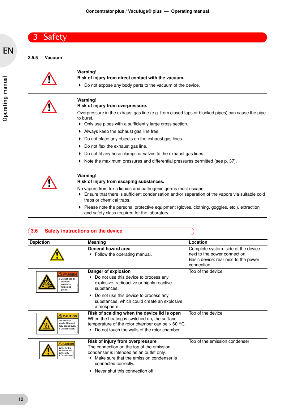 5 vacuum, 6 safety instructions on the device, Vacuum | Safety instructions on the device, 3 safety, Oper at ing man ual | Eppendorf Concentrator plus User Manual | Page 16 / 43