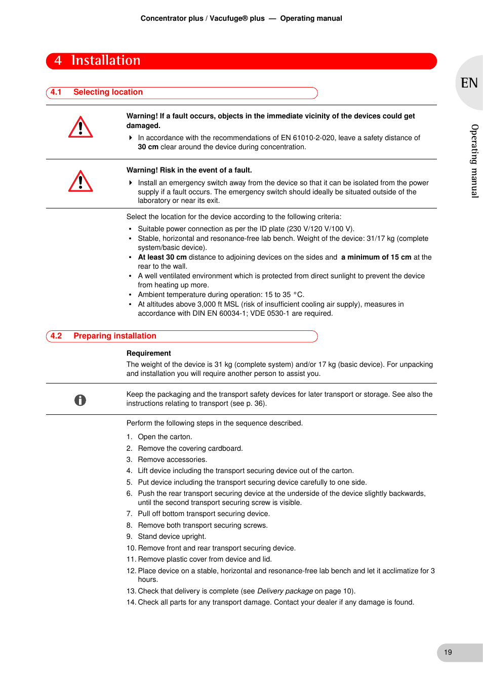 Installation, 1 selecting location, 2 preparing installation | Installation 4.1, Selecting location, Preparing installation, 4 installation, Operat ing manual | Eppendorf Concentrator plus User Manual | Page 17 / 43