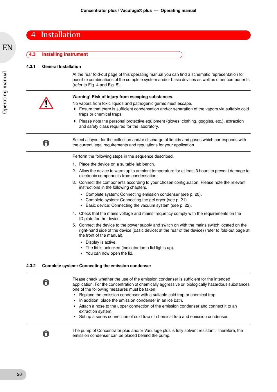 3 installing instrument, 1 general installation, Installing instrument 4.3.1 | General installation, Complete system: connecting the emission condenser, 4 installation, Oper at ing man ual | Eppendorf Concentrator plus User Manual | Page 18 / 43