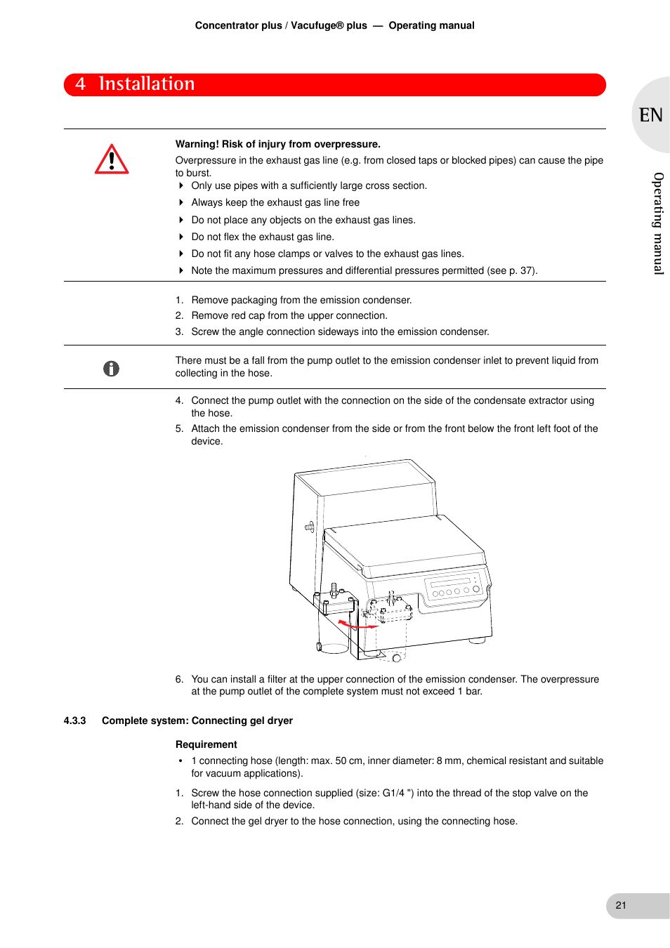 3 complete system: connecting gel dryer, Complete system: connecting gel dryer, 4 installation | Operat ing manual | Eppendorf Concentrator plus User Manual | Page 19 / 43
