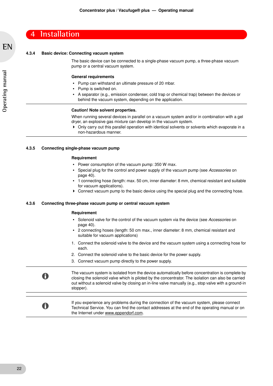 4 basic device: connecting vacuum system, 5 connecting single-phase vacuum pump, Basic device: connecting vacuum system | 4 installation, Oper at ing man ual | Eppendorf Concentrator plus User Manual | Page 20 / 43