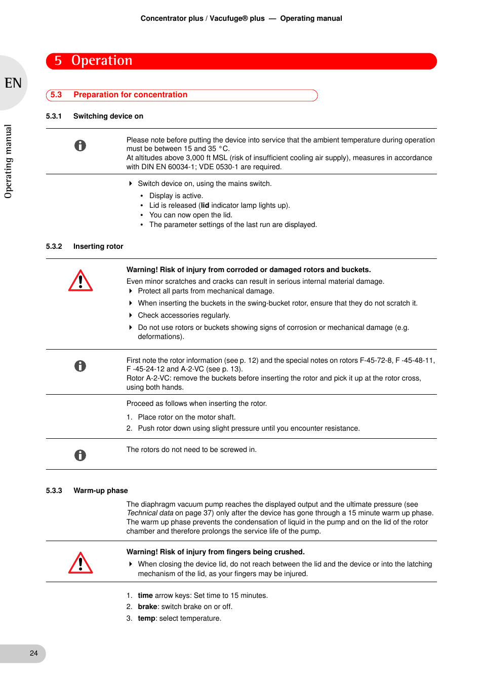 3 preparation for concentration, 1 switching device on, 2 inserting rotor | 3 warm-up phase, Preparation for concentration 5.3.1, Switching device on, Inserting rotor, Warm-up phase, 5 operation, Oper at ing man ual | Eppendorf Concentrator plus User Manual | Page 22 / 43